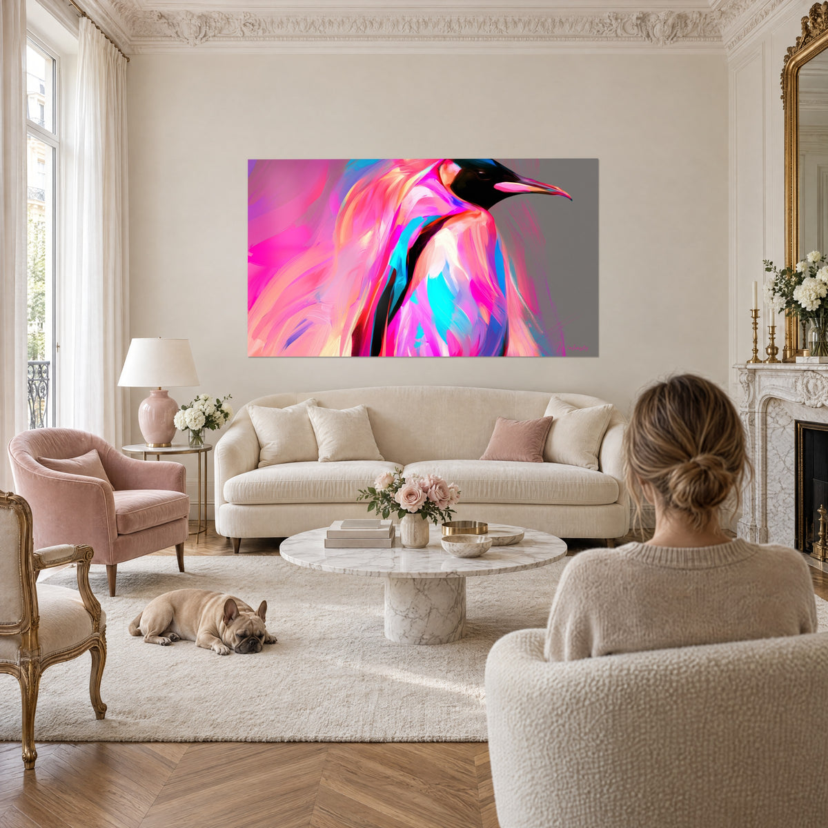 Tableau manchot empereur en coups de pinceau fuchsia et turquoise, bec rose, au-dessus d'un canapé dans un salon lumineux