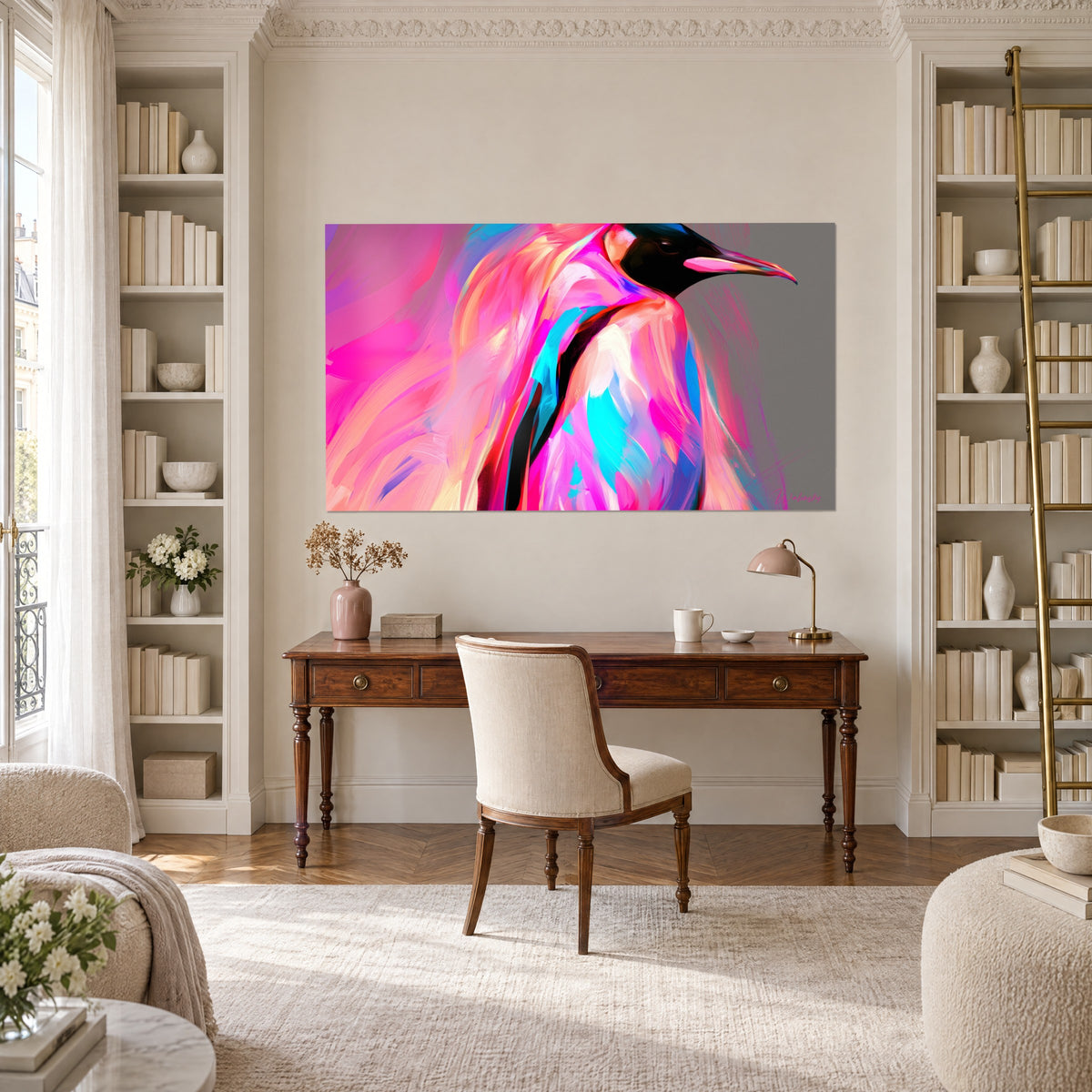 Tableau silhouette d'échassier marin noir et fuchsia, touches orange et bleues, au-dessus d'un bureau en bois entre deux bibliothèques
