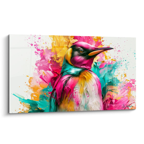 Tableau Pingouin rose fuchsia et turquoise éclatant - Éclaboussure joyeuse - Edition Pingouin