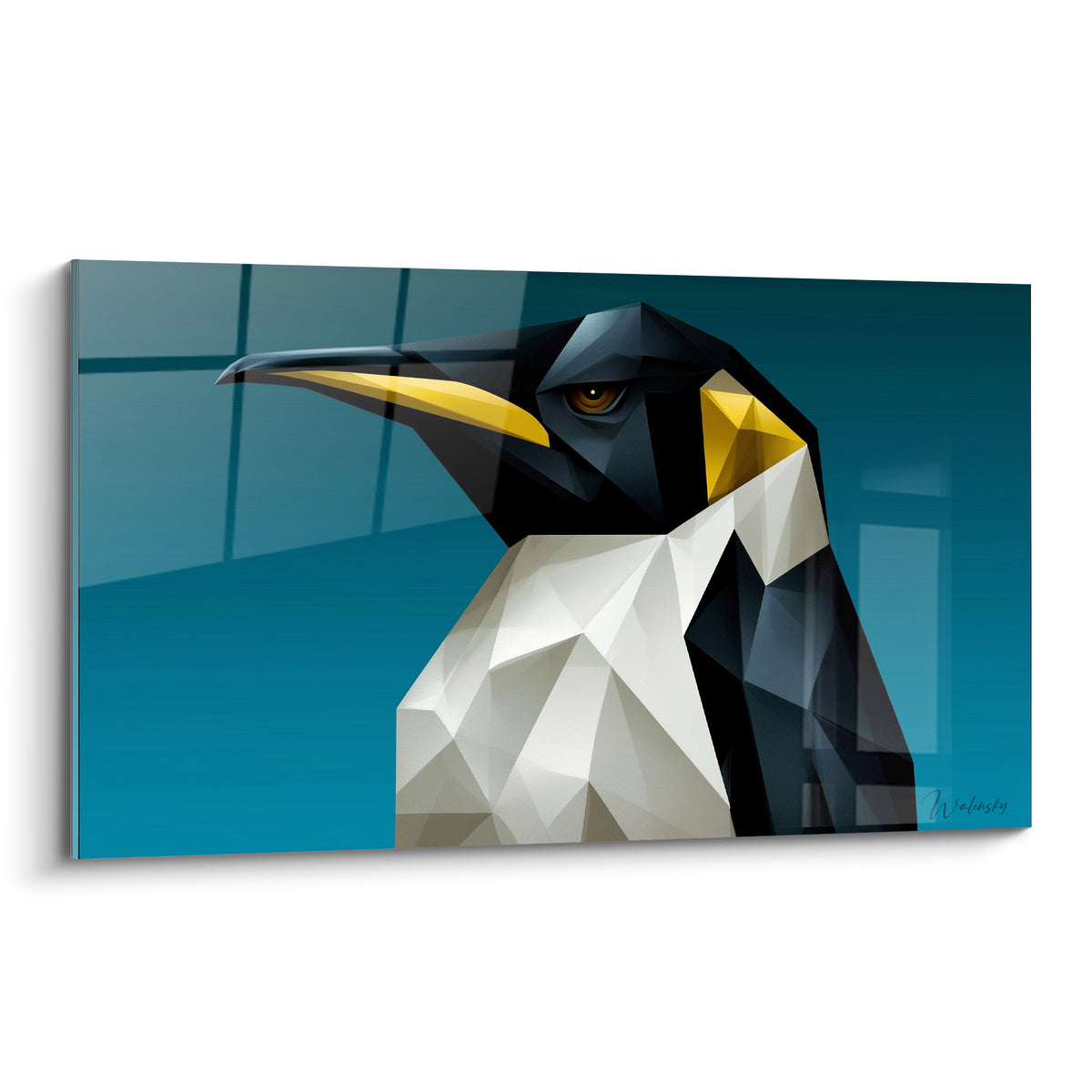 Pingouin géométrique bleu marine et doré au bec triangulaire, fond glacé anthracite