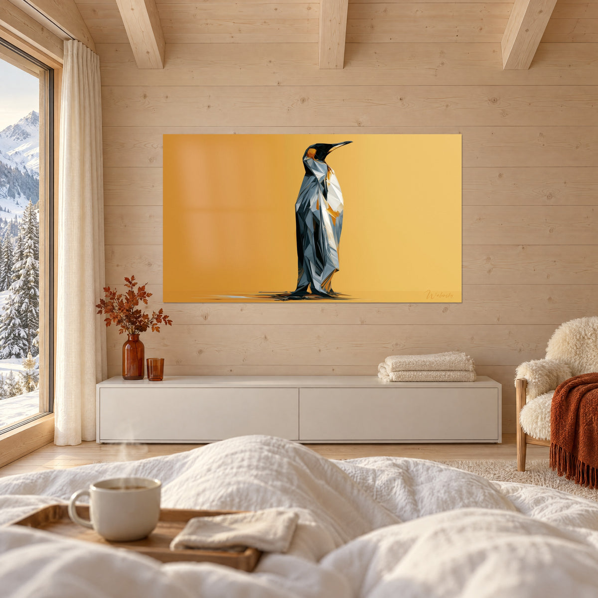 Tableau silhouette de pingouin polygonale, plumage gris bleuté et noir sur aplat jaune miel, au-dessus d'un lit dans une chambre claire