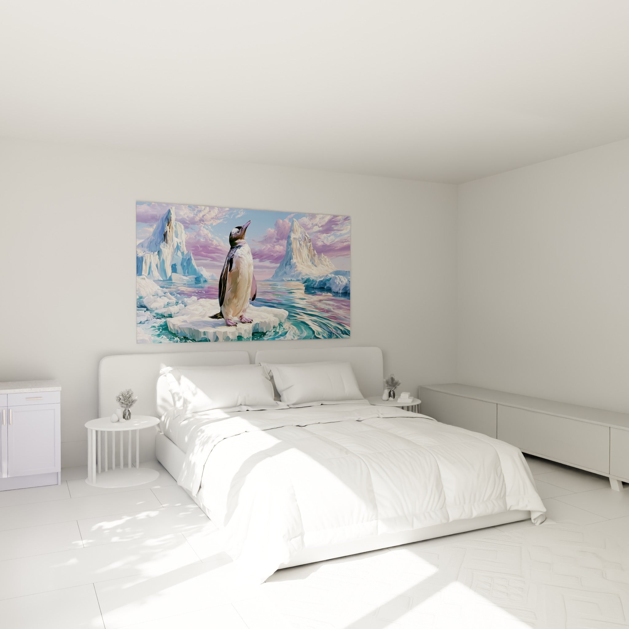 Silhouette du pingouin mauve et turquoise contemplant l'horizon, au-dessus d'un lit dans une chambre claire