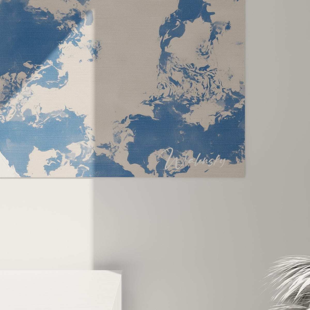 Empâtements épais de peinture blanche et noire du plumage, coulures bleu marine et beige sur la toile