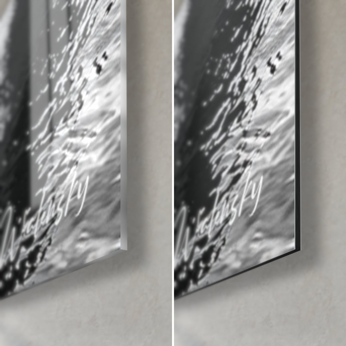 Gemälde Pinguine in Schwarz-Weiß, untere rechte Ecke: glänzendes Acrylglas links, mattes graues Dibond rechts, 3 mm Kante