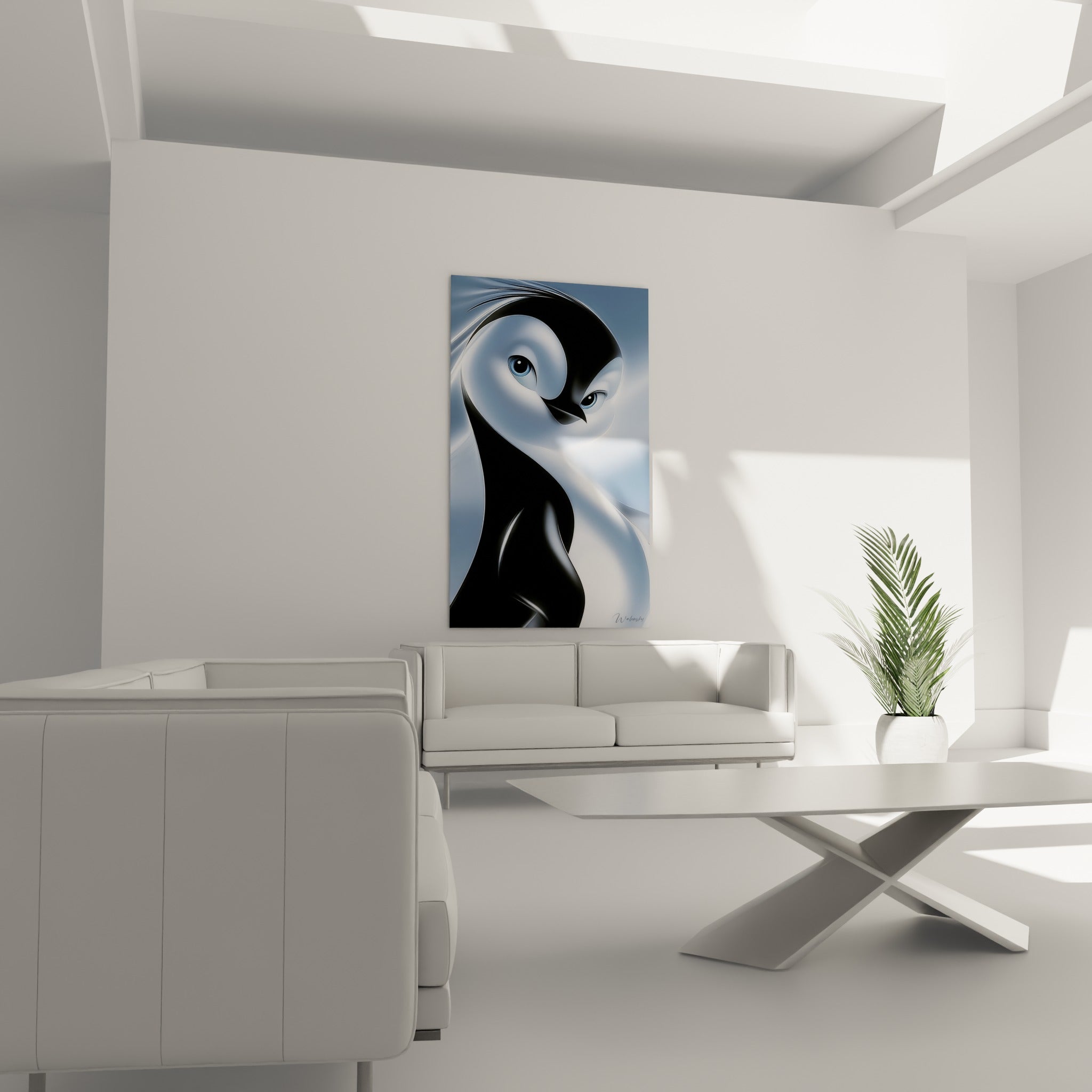 Créature polaire noire et blanche au regard bleuté suspendue au-dessus d'un canapé dans un salon lumineux