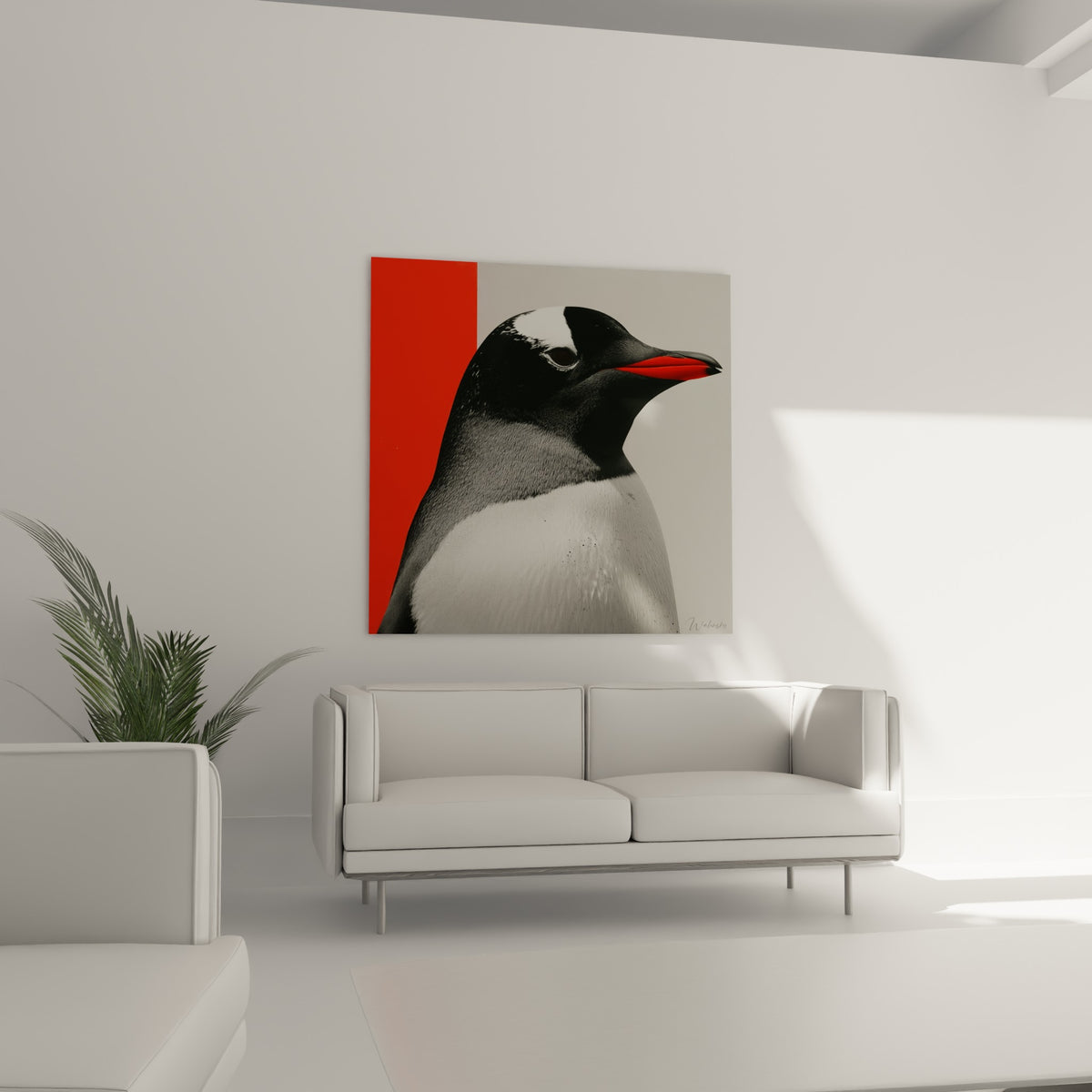 Silhouette de pingouin noir et blanc au regard perçant, bec rouge intense, au-dessus d'un canapé dans un salon lumineux