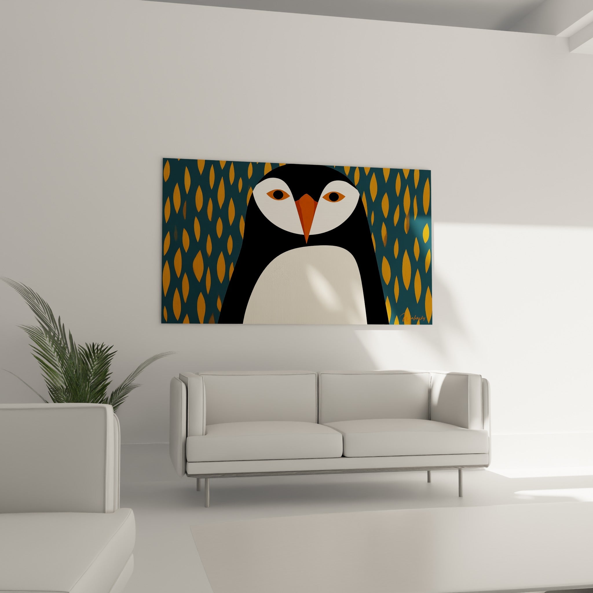Portrait animalier noir et crème à motifs dorés répétés, disposé au-dessus d'un canapé dans un salon lumineux