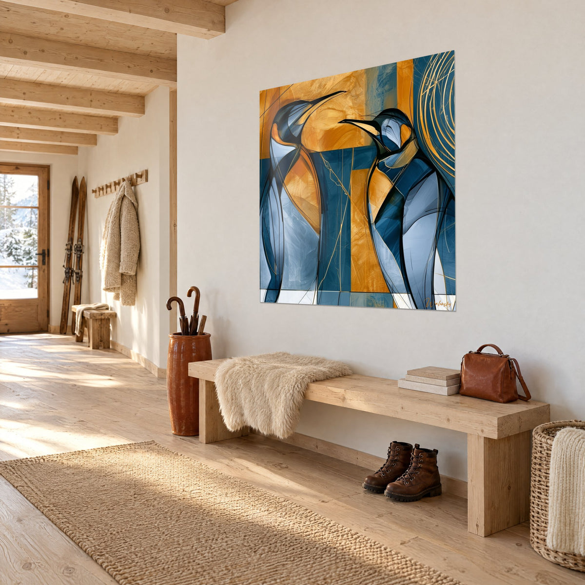 Schilderij twee geometrische pinguïns met slanke snavels, ocker- en blauwe achtergrond, opgehangen in de lichte houten hal van het chalet