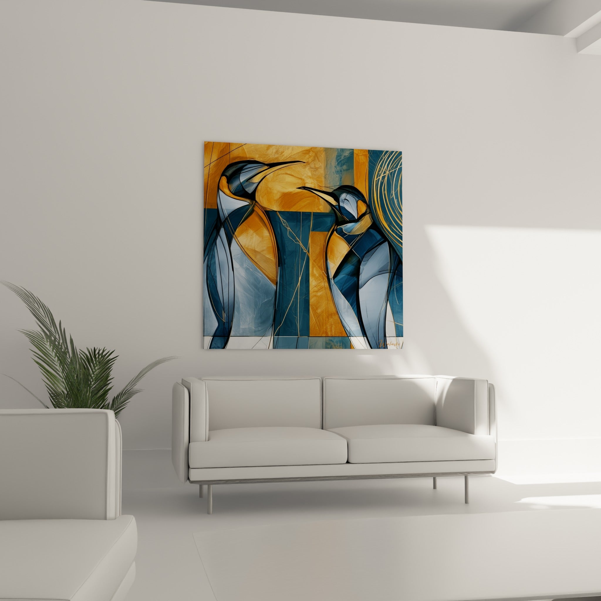 Duo de manchots graphiques ocre et bleu marine au-dessus d'un canapé dans un salon lumineux