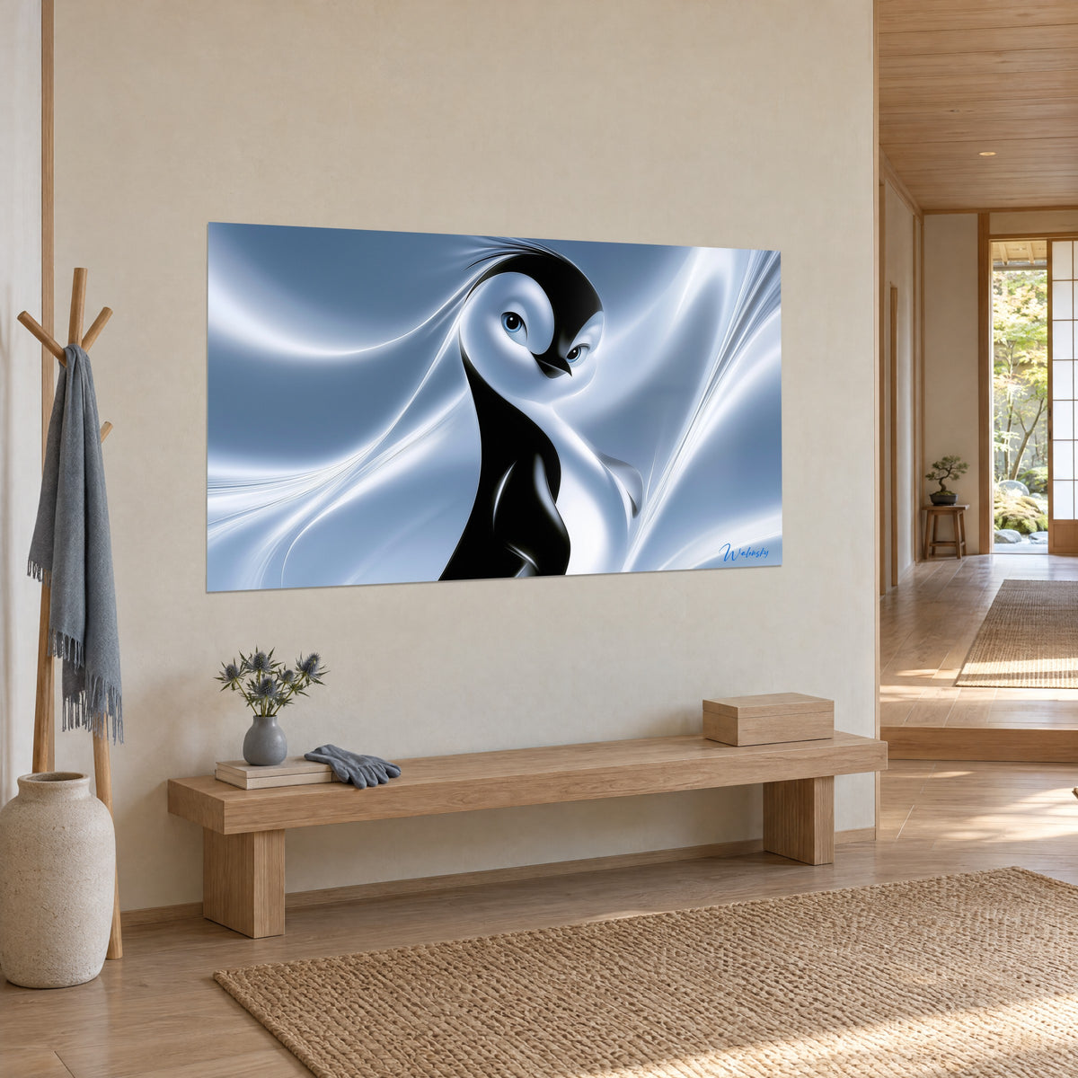 Wall art penguin with ink-black back and mother-of-pearl belly, steel-blue swirls, on the beige wall of a Japandi hallway
