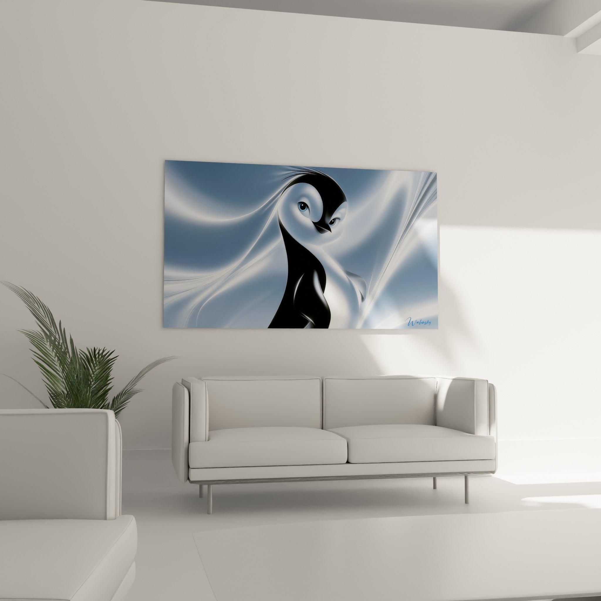 Portrait stylisé d'un pingouin noir et blanc cassé, suspendu au-dessus d'un canapé dans un salon lumineux