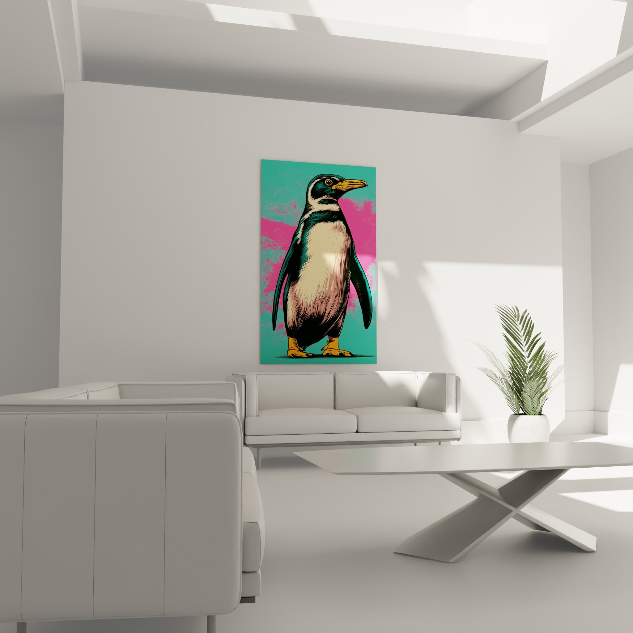 Pingouin graphique au bec doré et ventre crème, teintes turquoise et fuchsia, au-dessus d'un canapé dans un salon lumineux