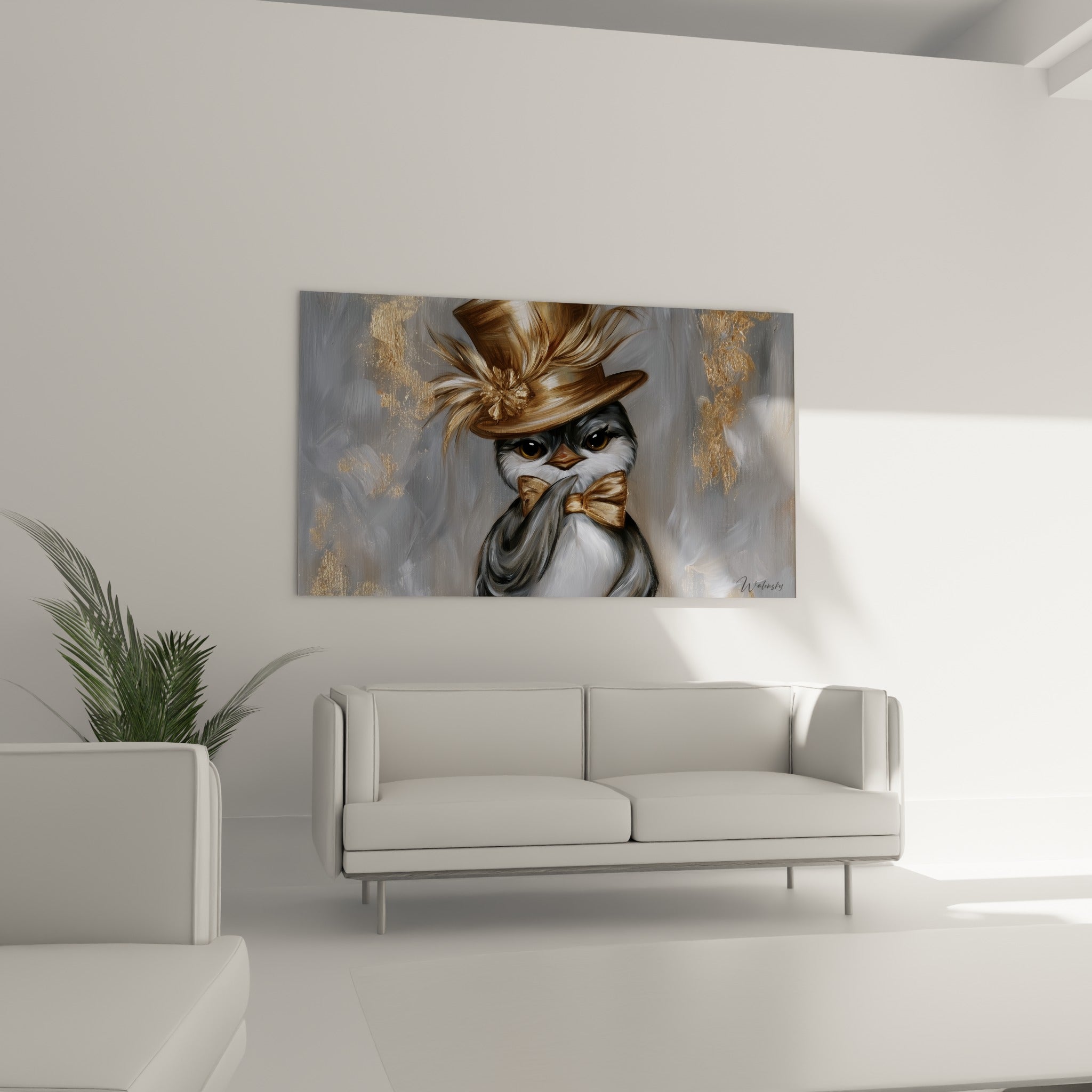 Portrait de pingouin élégant en tons dorés et gris perle au-dessus d'un canapé dans un salon lumineux