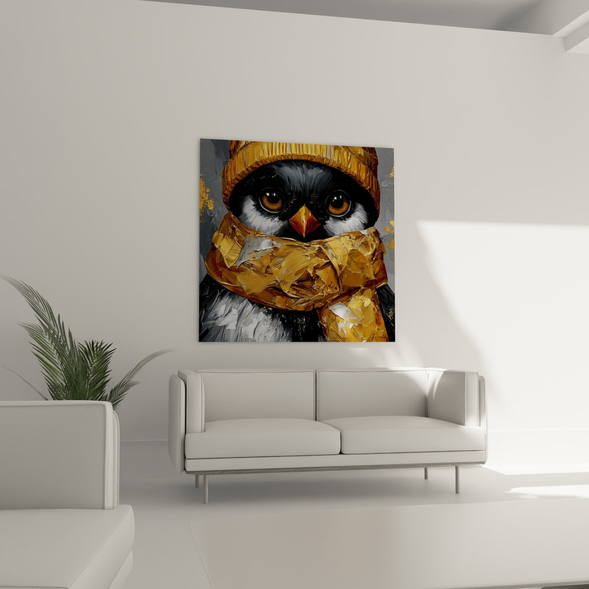 Regard ambré et plumage anthracite de ce pingouin emmitouflé de doré, au-dessus d'un canapé dans un salon lumineux