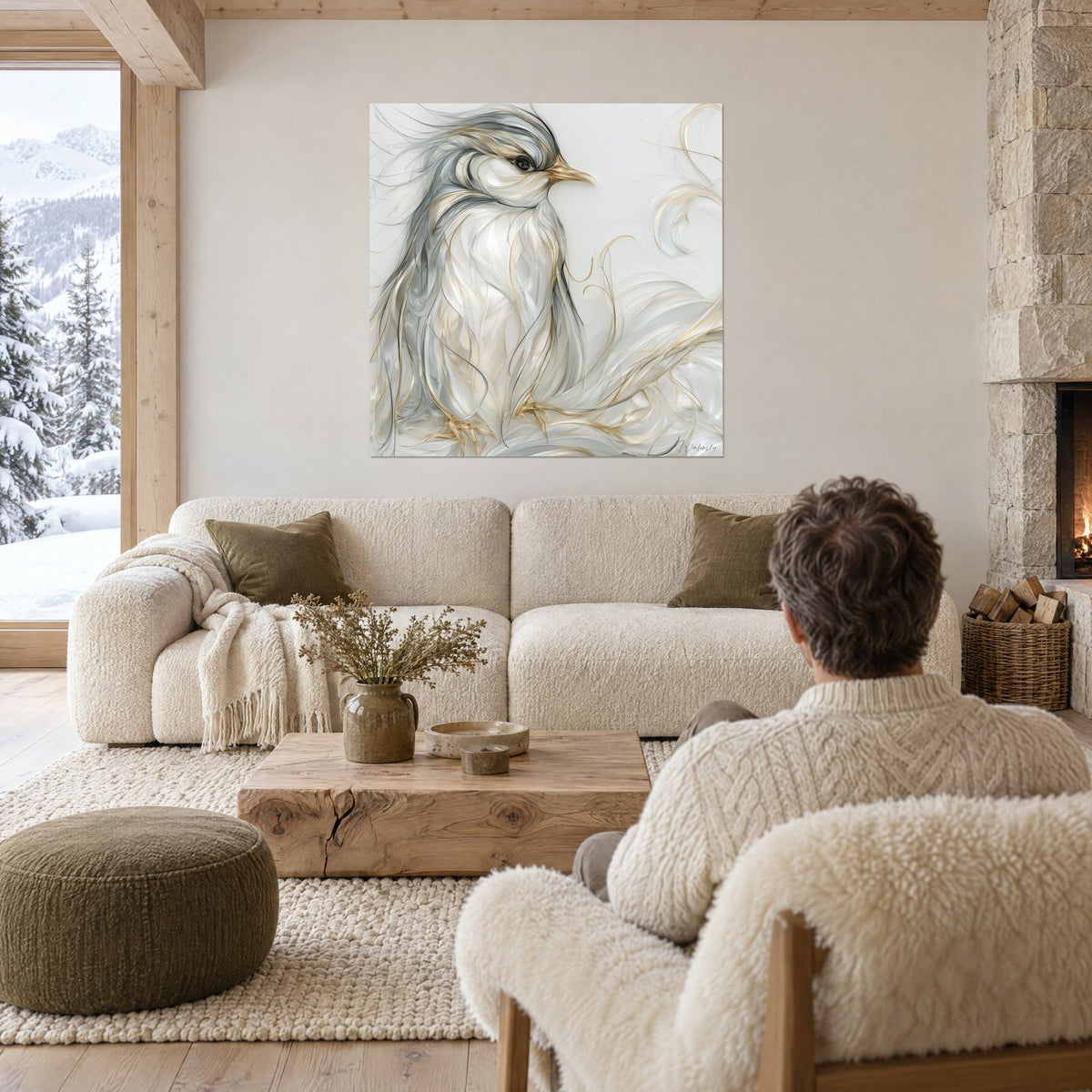 Gemälde Silbervogel mit perlgrauem Gefieder und goldenen Linien, ein Mann von hinten über einem Sofa in einem lichtdurchfluteten Wohnzimmer