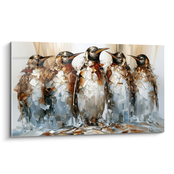 Tableau Pingouins serrés au plumage ocre et gris - Cohésion du groupe - Edition Pingouin