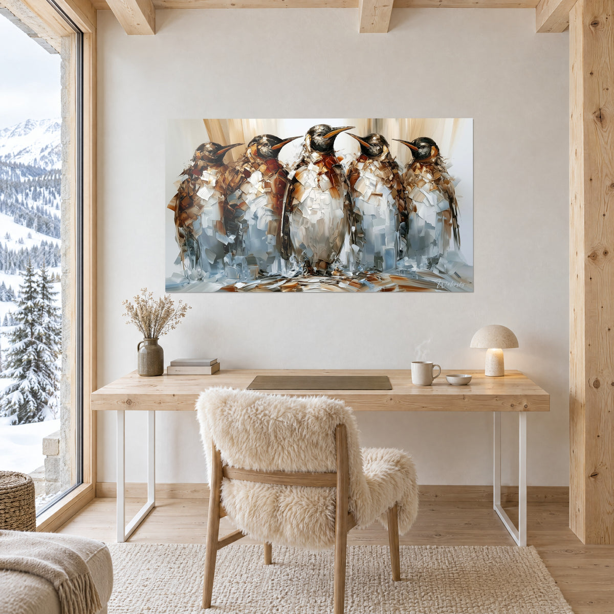 Tableau cinq silhouettes d'oiseaux de banquise, rouille et bleu glacier, fond crème, bureau en bois clair