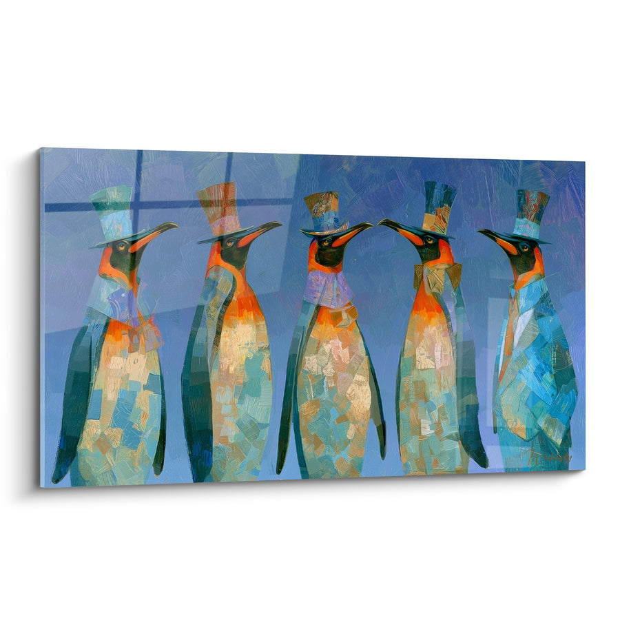 Quadri Cinque pinguini con cappello blu e arancione - Assemblaggio giocoso - Edizione Pinguino