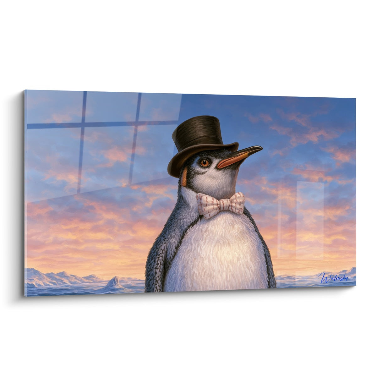 Pingouin en haut-de-forme et nœud papillon, plumage gris et blanc, ciel orangé et bleu marine