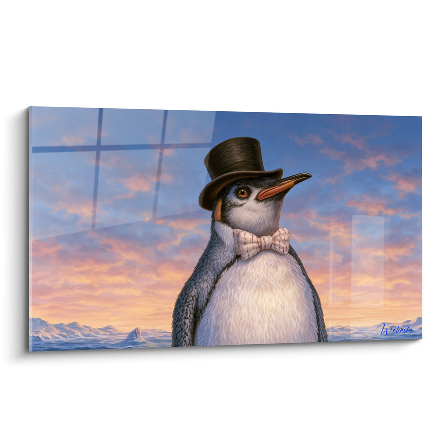 Dipinto Pinguino con Cilindro su Cielo Arancione - Distinzione Polare - Edizione Pinguino