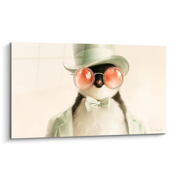 Tableau Pingouin vert menthe et rose noeud papillon soyeux - Haut de forme rondes lunettes - Edition Pingouin
