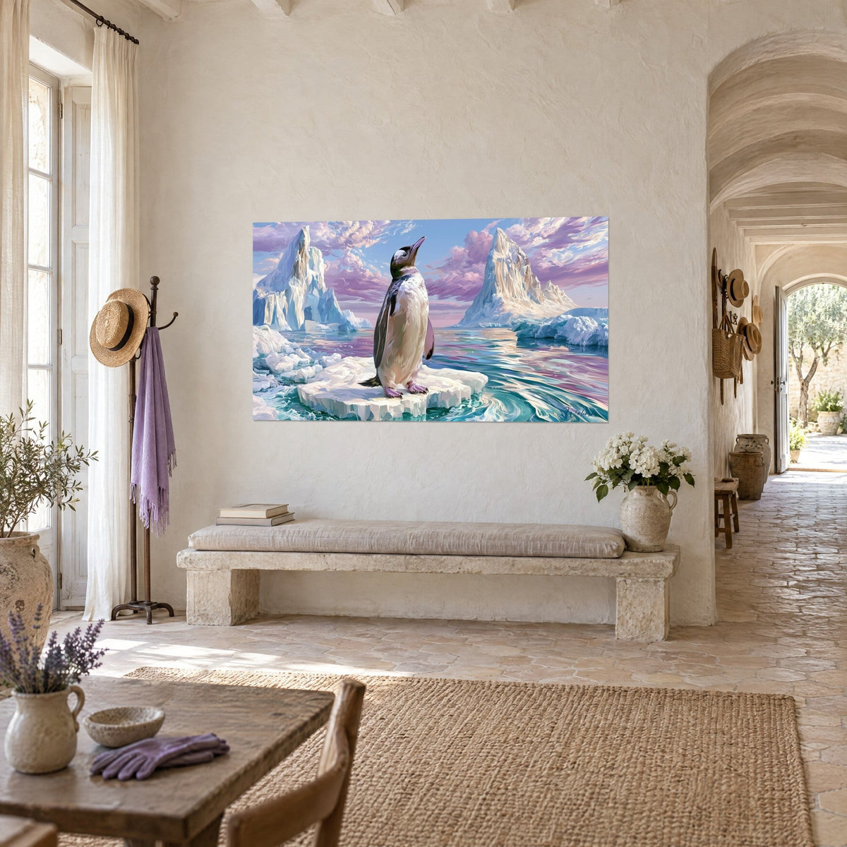 Tableau oiseau polaire noir et blanc, bec rose levé vers un ciel violet, mer turquoise, sur un mur de mas provençal