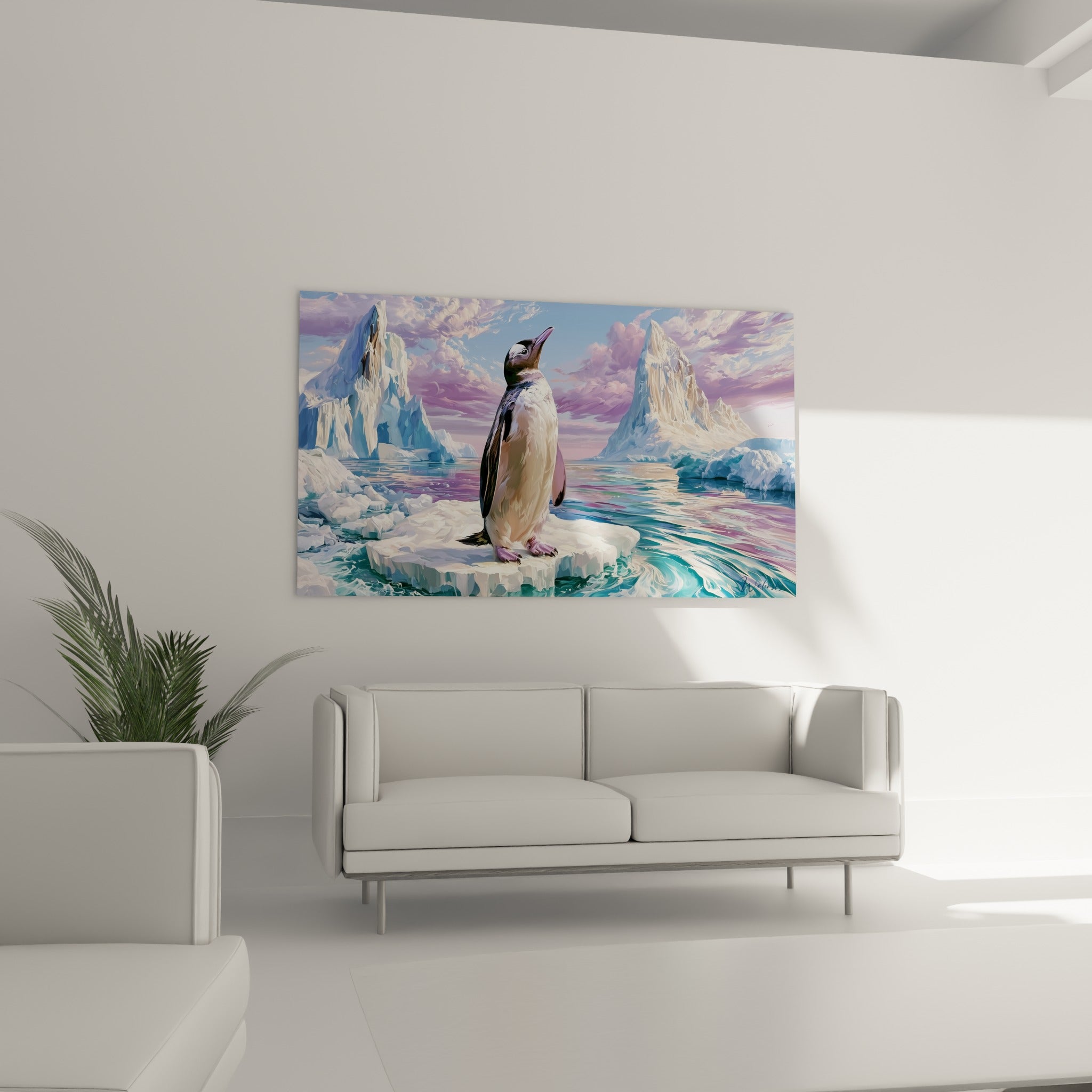 Scène polaire aux teintes lilas et bleu turquoise avec pingouin solitaire, au-dessus d'un canapé dans un salon lumineux