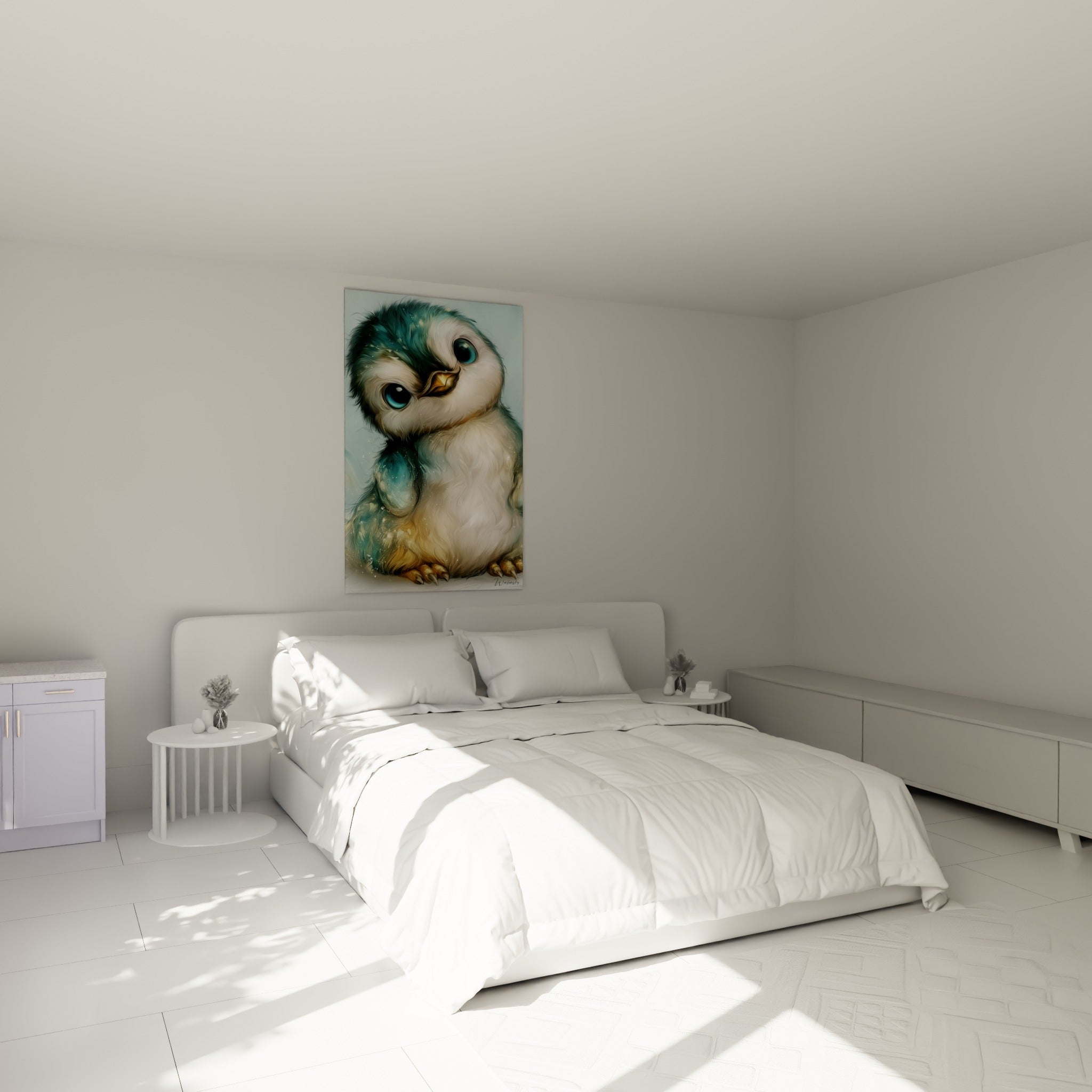Jeune pingouin bleu sarcelle et doré au-dessus d'un lit dans une chambre claire