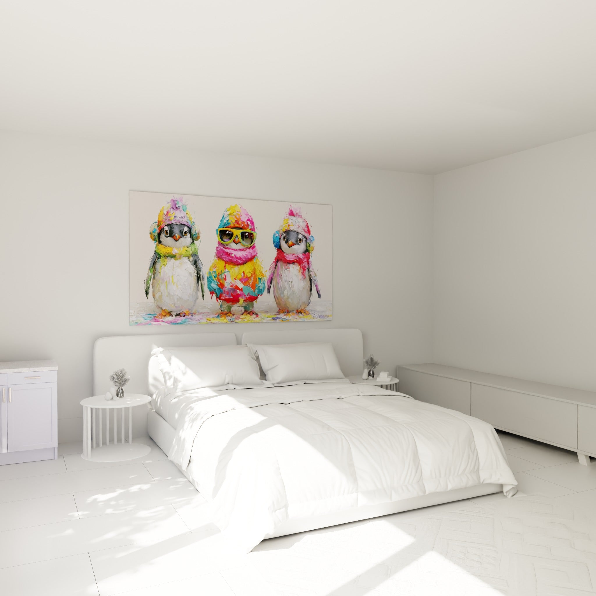 Pingouins colorés en écharpes roses et jaunes, accrochés au-dessus d'un lit dans une chambre claire