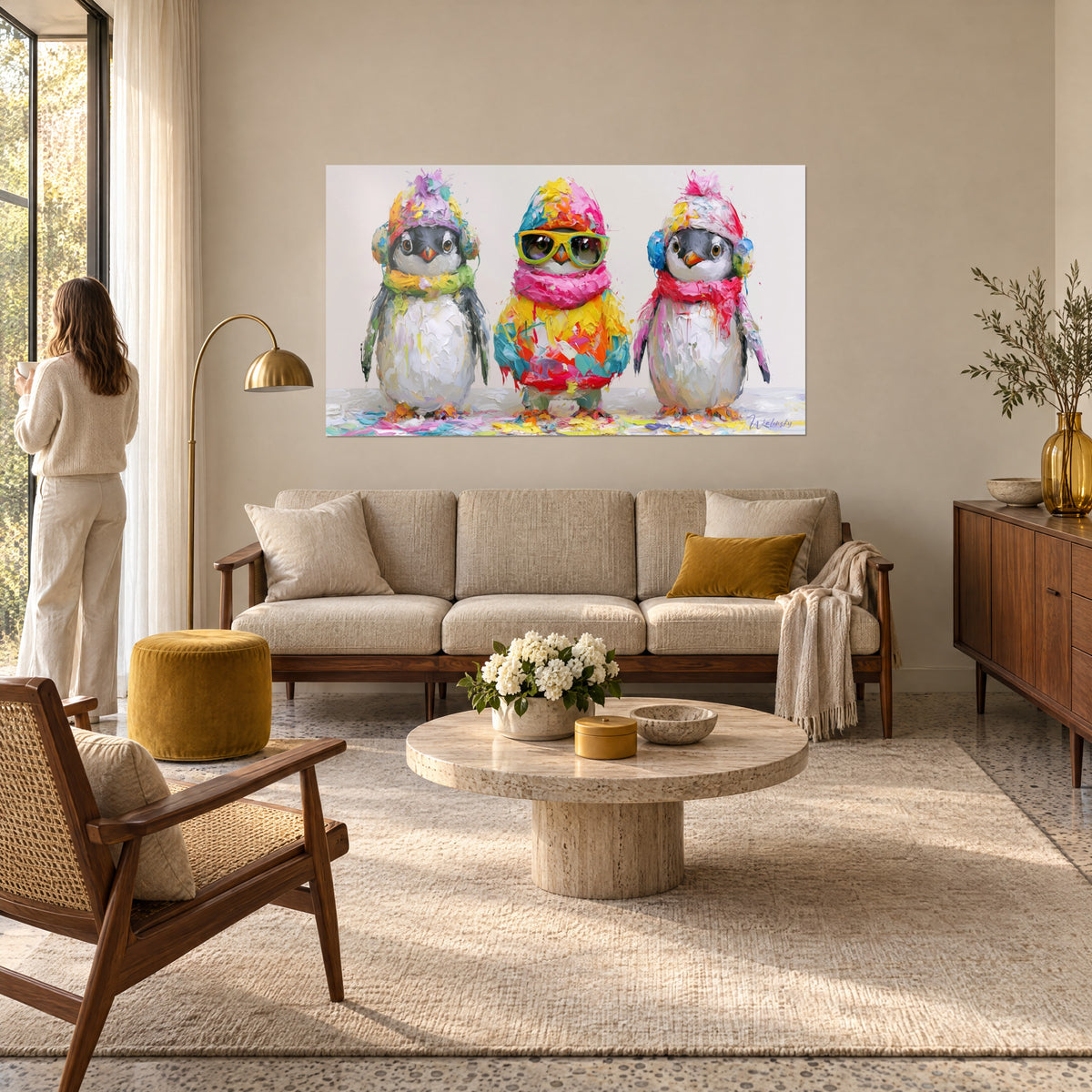 Tableau trio de manchots coiffés de bonnets multicolores, lunettes vertes, écharpes roses, au-dessus d'un canapé dans un salon lumineux