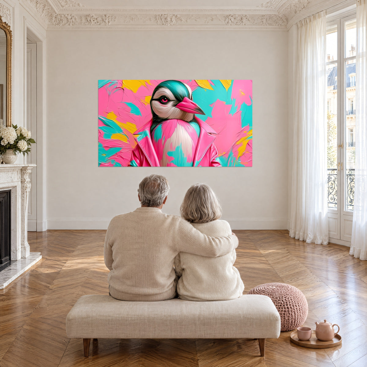 Tableau pingouin arrogant en veste de cuir rose, éclats jaunes et turquoise, couple de dos sur un banc, parquet haussmannien