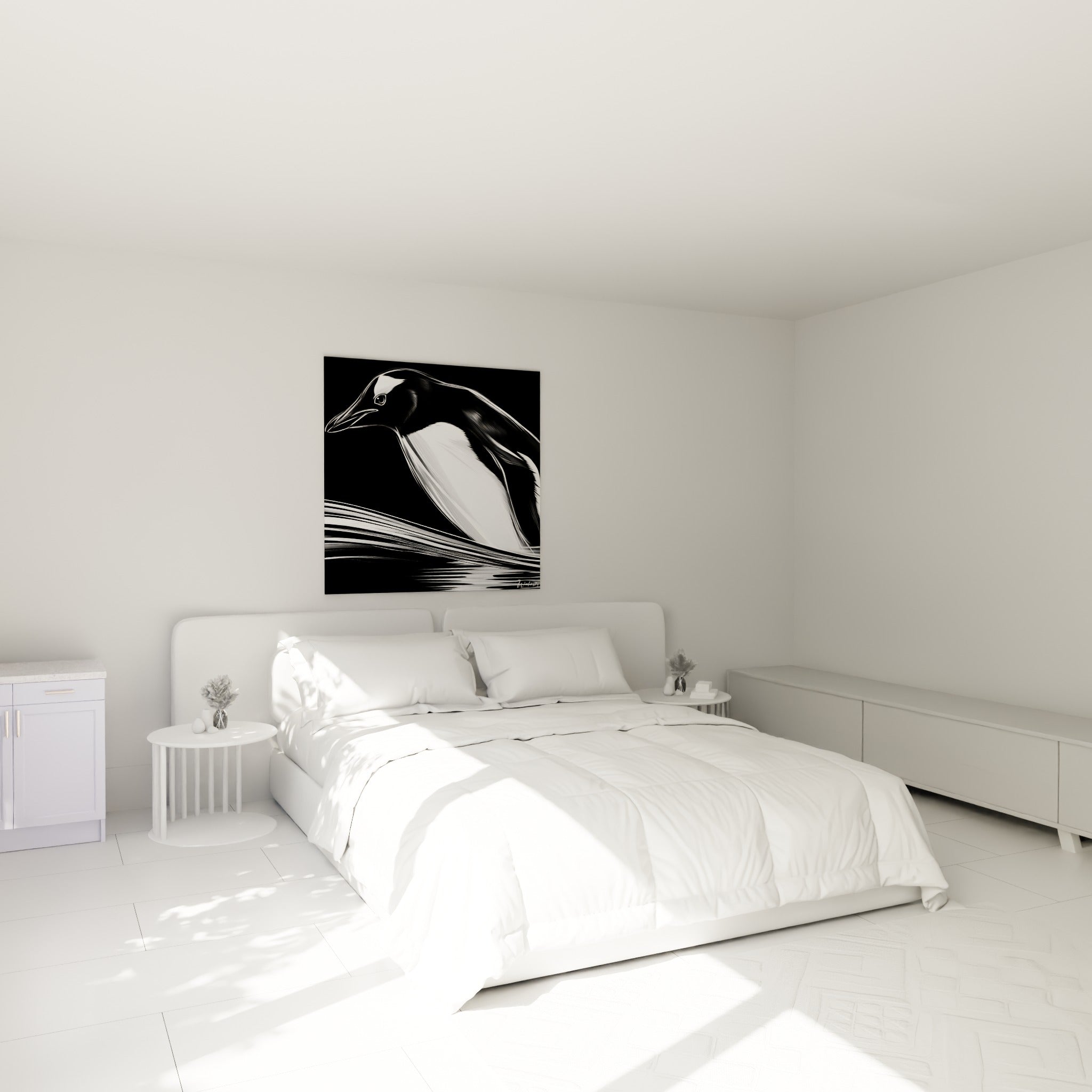 Silhouette de pingouin blanc et noir en plein élan, accrochée au-dessus d'un lit dans une chambre claire