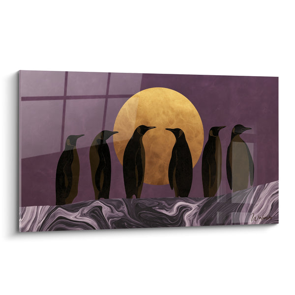 Tableau Pingouins noirs devant une lune dorée - Veillée nocturne - Edition Pingouin