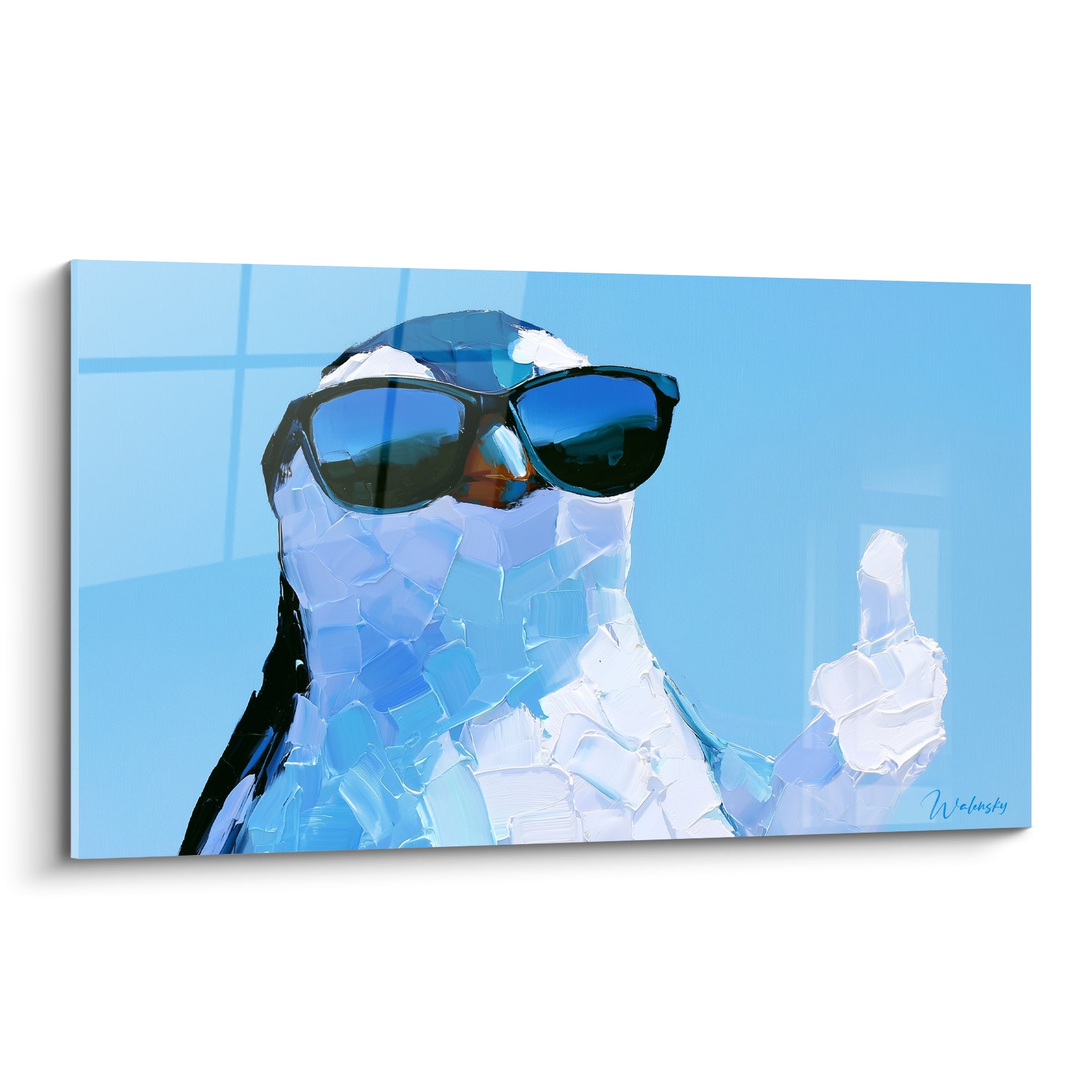 Pingouin à lunettes noires levant le pouce, plumage bleu ciel et blanc en empâtements épais