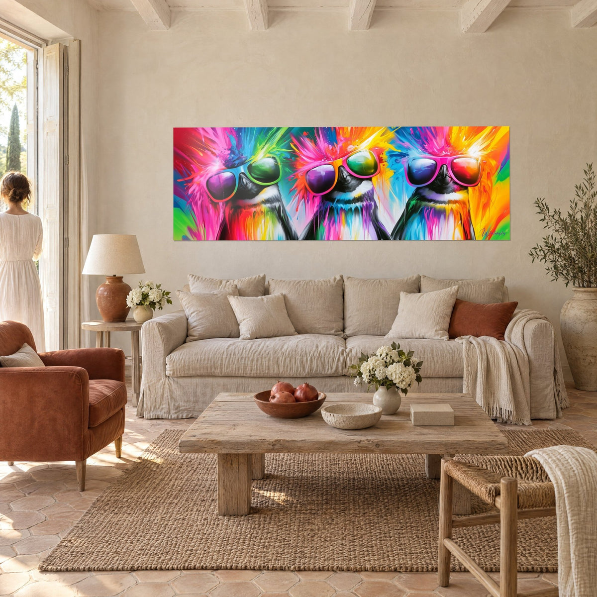 Tableau trio de pingouins à lunettes miroir roses et vertes, plumes éclatées jaune et magenta, au-dessus d'un canapé dans un salon lumineux