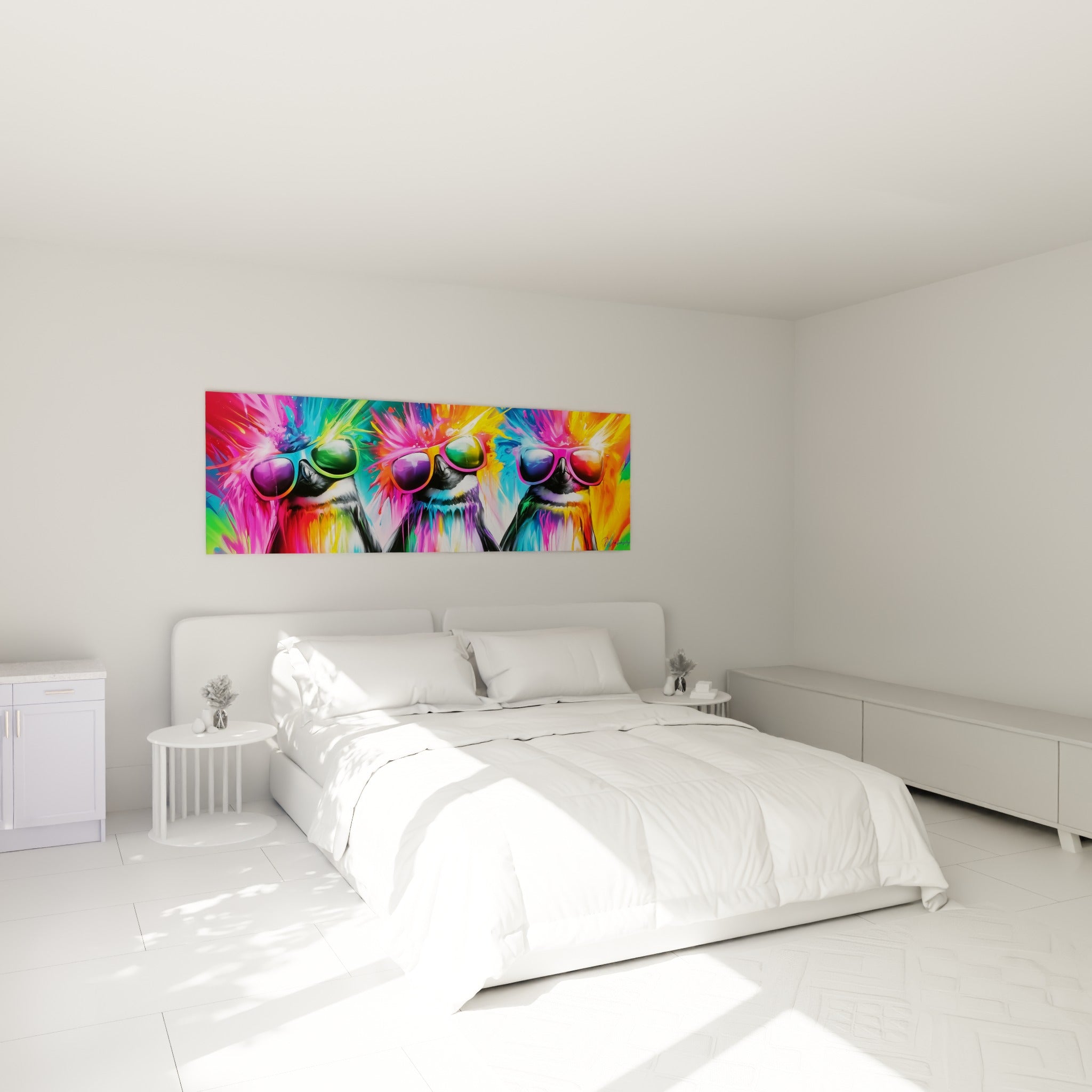 Pingouins colorés en lunettes de soleil roses et vertes, accrochés au-dessus d'un lit dans une chambre claire