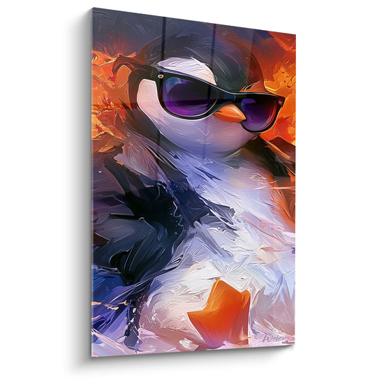 Tableau Pingouin lunettes noires flammes oranges - Assurance tranquille - Edition Pingouin