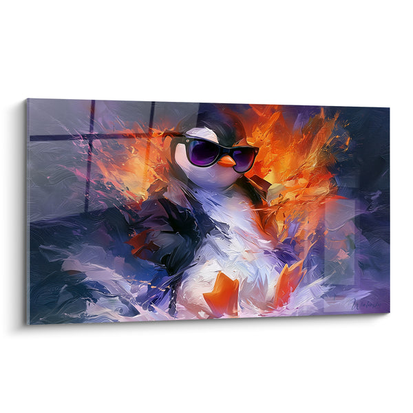 Tableau Pingouin à lunettes violettes flammes orangées - Explosion de couleurs - Edition Pingouin