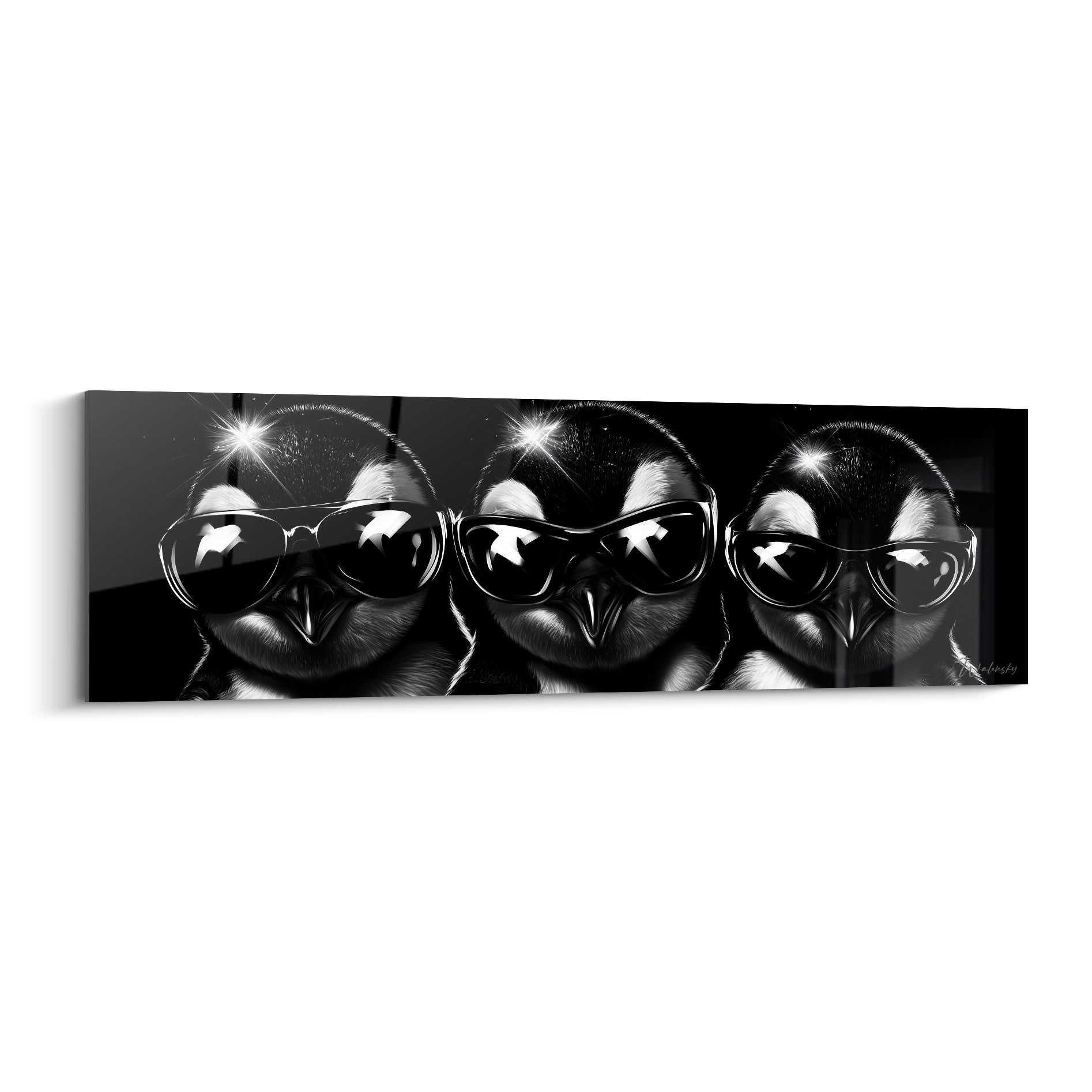 Trois pingouins à lunettes noires réfléchissantes, plumage blanc et noir, fond sombre théâtral