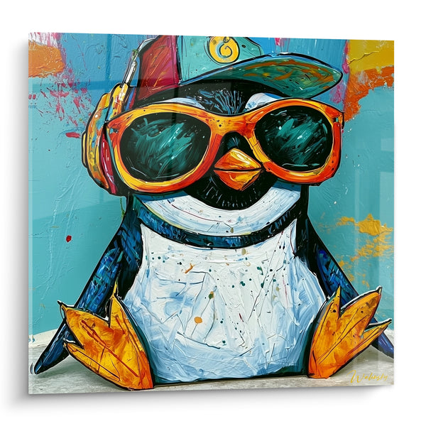 Tableau Pingouin à lunettes orange et casquette - Attitude décontractée - Edition Pingouin