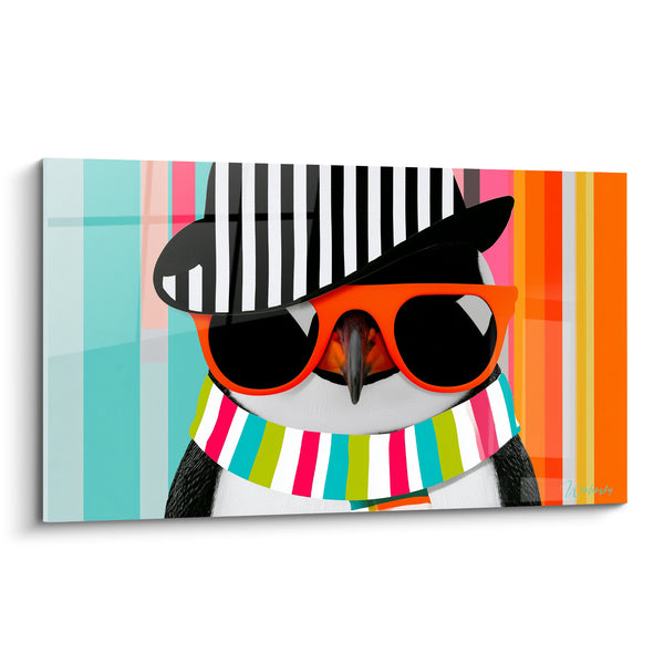 Tableau Pingouin lunettes orange et chapeau rayé - Éclat de malice - Edition Pingouin