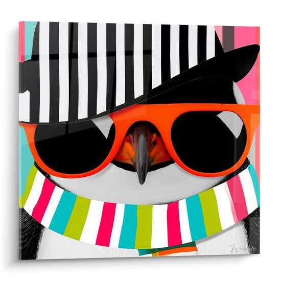 Pingouin en gros plan portant lunettes orange, chapeau rayé noir et blanc, écharpe fuchsia et turquoise