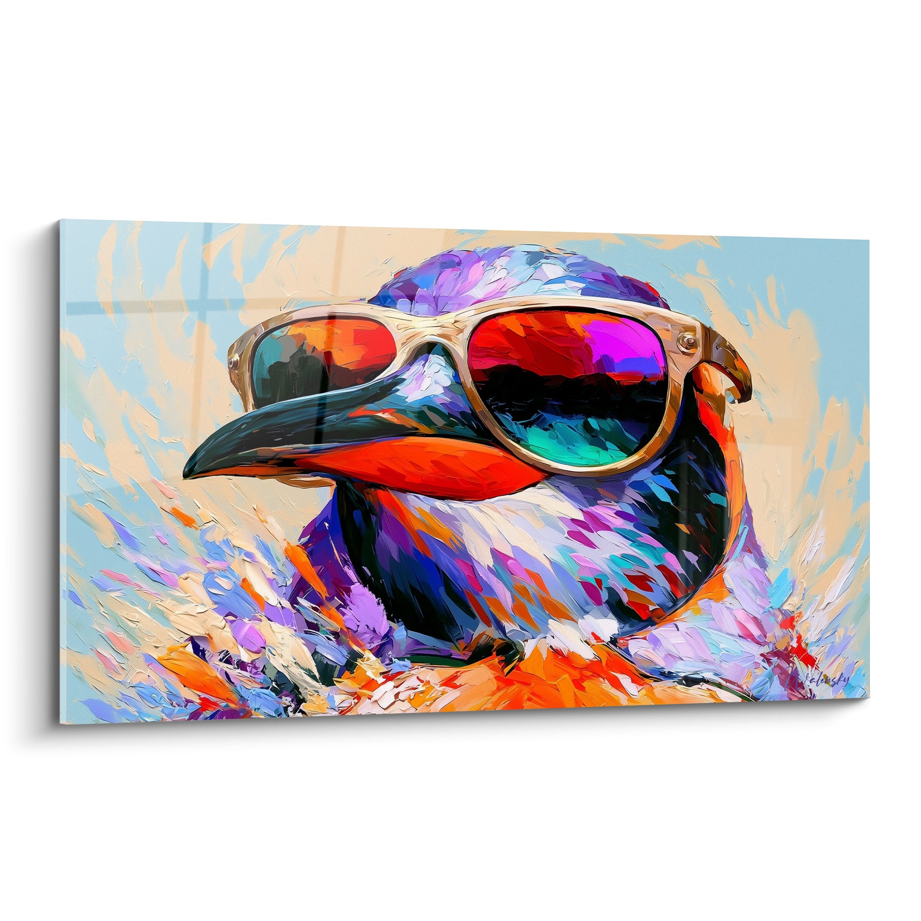 Pingouin à lunettes de soleil aux verres roses et turquoise, plumage orange, violet et bleu pastel