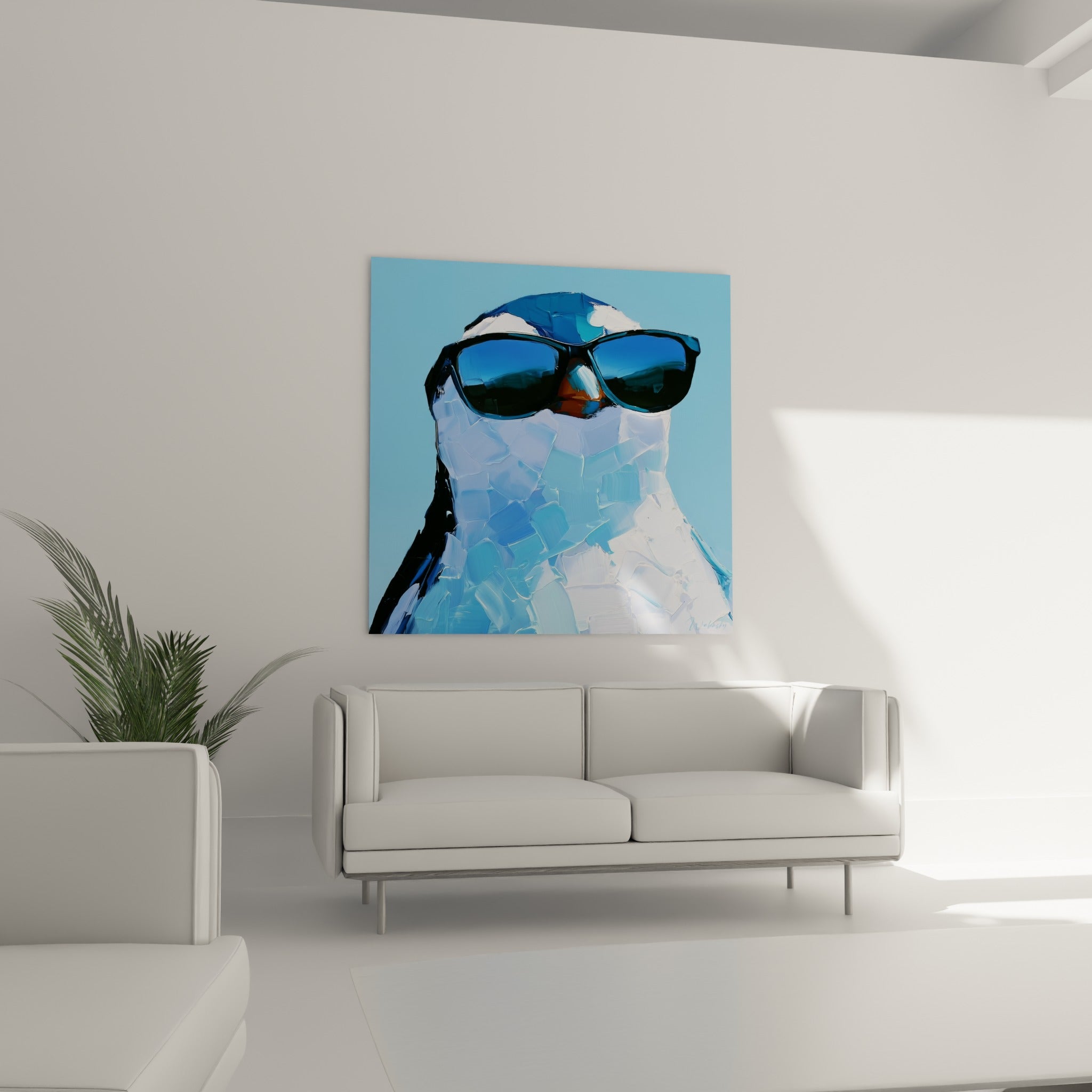 Lunettes noires réfléchissantes sur le plumage bleu et blanc du pingouin, au-dessus d'un canapé dans un salon lumineux