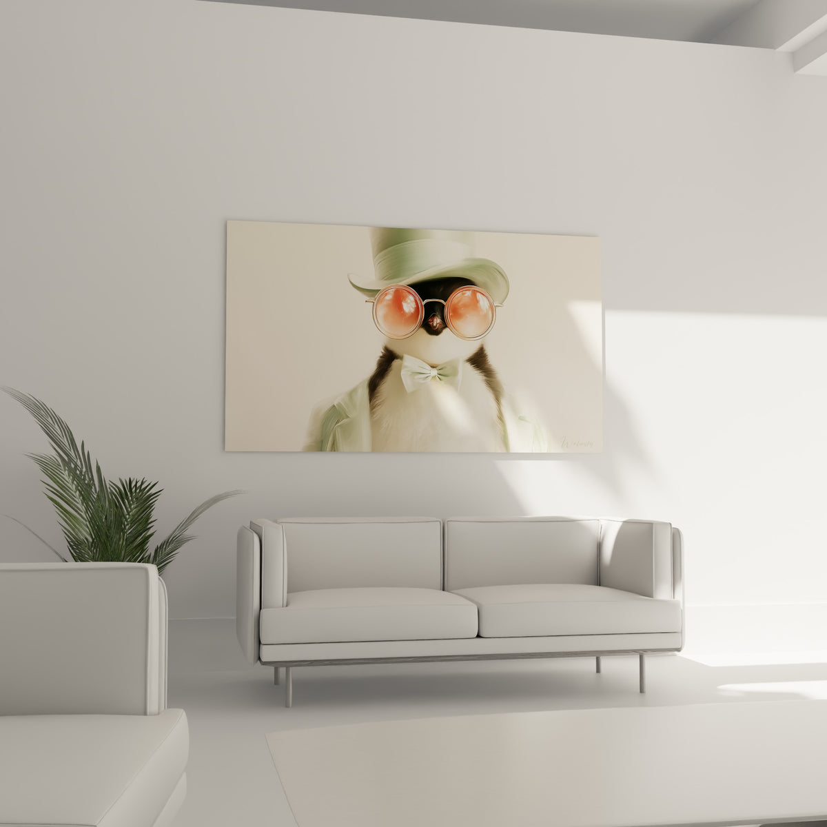 Lunettes rondes corail et haut-de-forme vert amande signent ce pingouin facétieux, au-dessus d'un canapé dans un salon lumineux