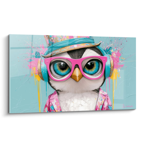 Tableau Pingouin lunettes roses et casque turquoise - Attitude déjantée - Edition Pingouin
