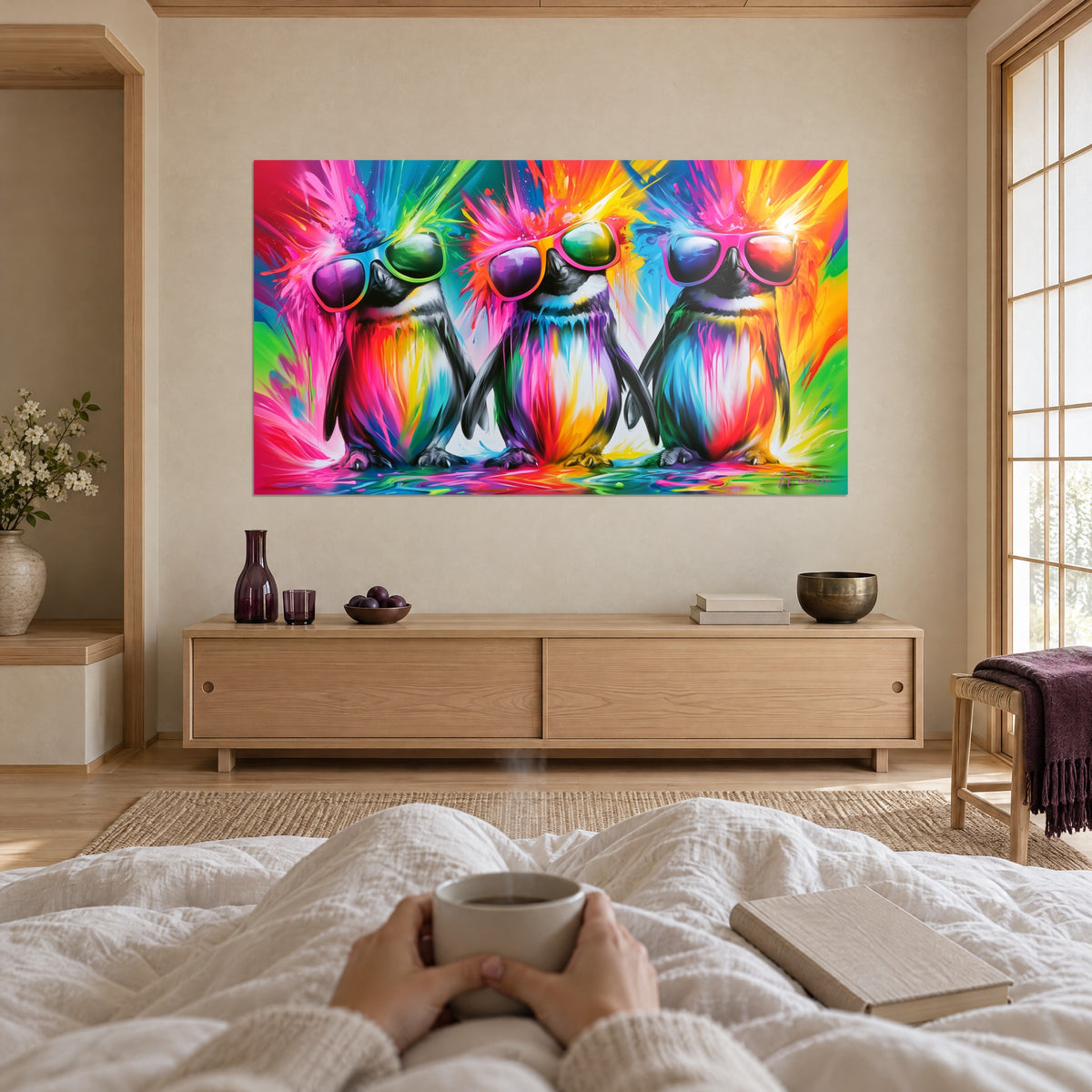 Tableau bande de manchots à lunettes roses, plumage fuchsia et turquoise éclatant, au-dessus d'un lit dans une chambre claire