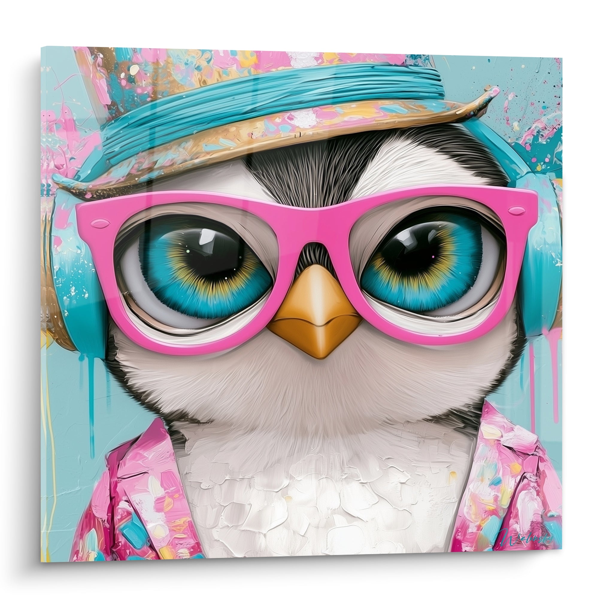 Pingouin aux lunettes roses fuchsia et chapeau turquoise, fond bleu éclaboussé de peinture pop