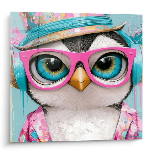 Tableau Pingouin lunettes roses et chapeau turquoise - Espièglerie facétieuse - Edition Pingouin