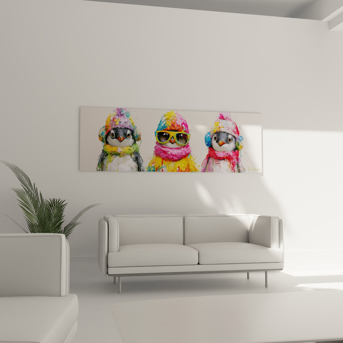 Oiseaux en lunettes vertes et bonnets jaunes vifs, au-dessus d'un canapé dans un salon lumineux
